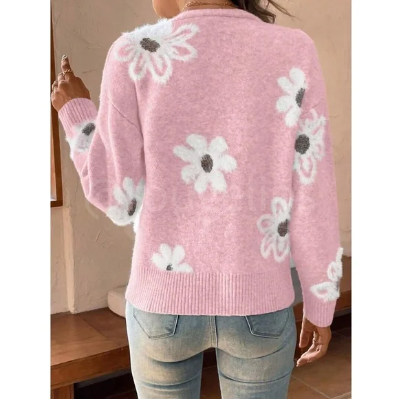 Pink Cardigan Knit Flower Textured Button Front Stretchy, Soft - Picture 6 of 9